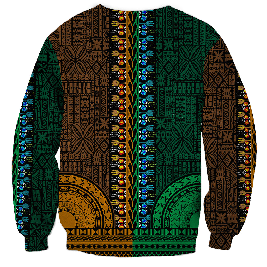 Unisex dashiki-style sweatshirt back with patchwork green, brown, blue, gold tapa patterns