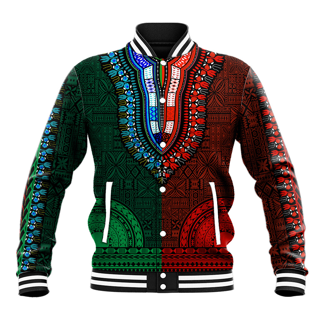 Dashiki baseball jacket with tapa patterns, half green and red, striped ribbed trim, button front