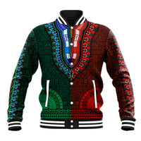 Dashiki baseball jacket with tapa patterns, half green and red, striped ribbed trim, button front