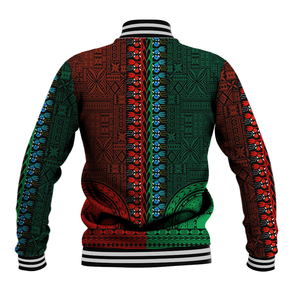 Dashiki baseball jacket back, half green and red tapa patterns, striped ribbed collar and cuffs