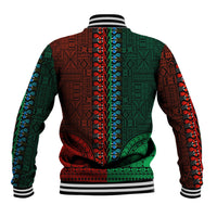 Dashiki baseball jacket back, half green and red tapa patterns, striped ribbed collar and cuffs