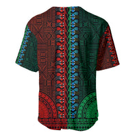 Dashiki baseball jersey back, half green and red tapa pattern