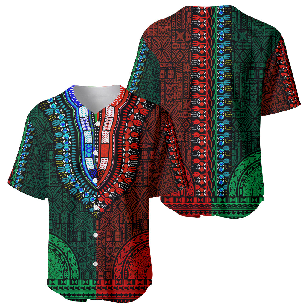 Dashiki baseball jersey front, half green and red tapa pattern, V-neck collar