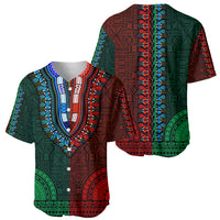 Dashiki baseball jersey front, half green and red tapa pattern, V-neck collar