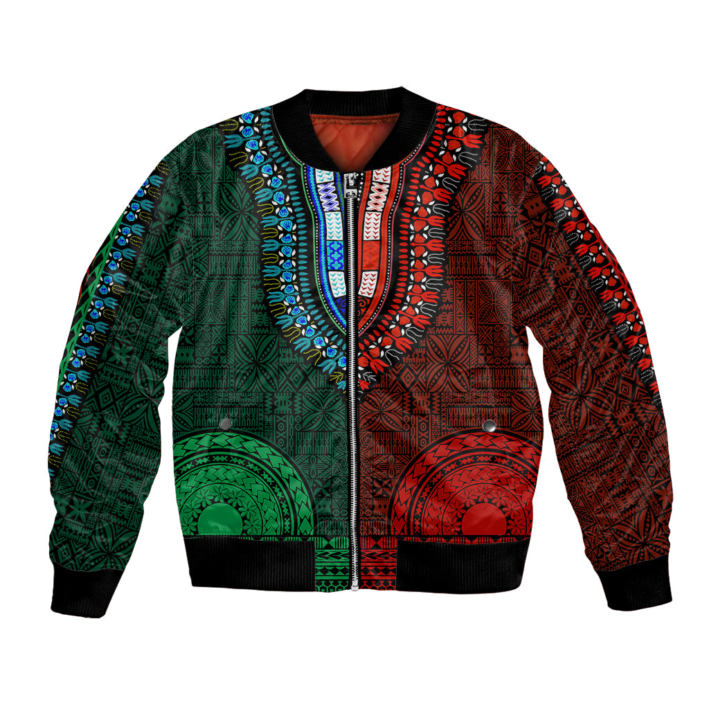 Dashiki bomber jacket, half green/half red tapa patterns, black ribbed collar and cuffs