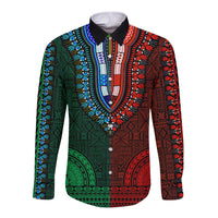 Long sleeve dashiki button shirt, green and red geometric V-neck pattern, front view