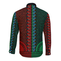 Long sleeve dashiki button shirt, green and red pattern with vertical stripe, back view