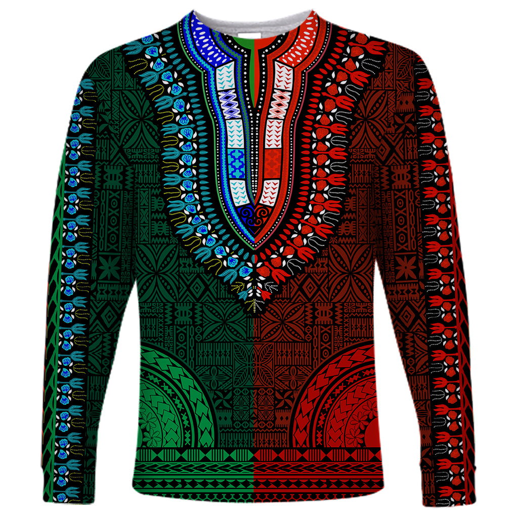 Long-sleeve dashiki shirt with V-neck, green/red tapa-style geometric pattern