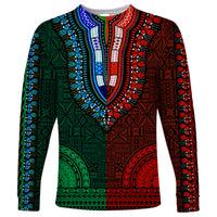Long-sleeve dashiki shirt with V-neck, green/red tapa-style geometric pattern