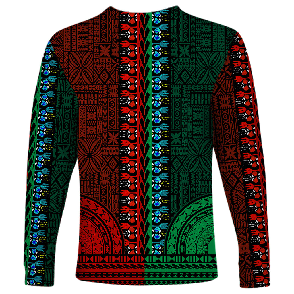 Long-sleeve dashiki shirt, multicolor tapa motifs in green, red, and blue panels