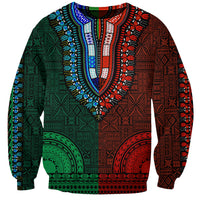Unisex dashiki-pattern sweatshirt with V-neck, green, red, blue tribal motifs