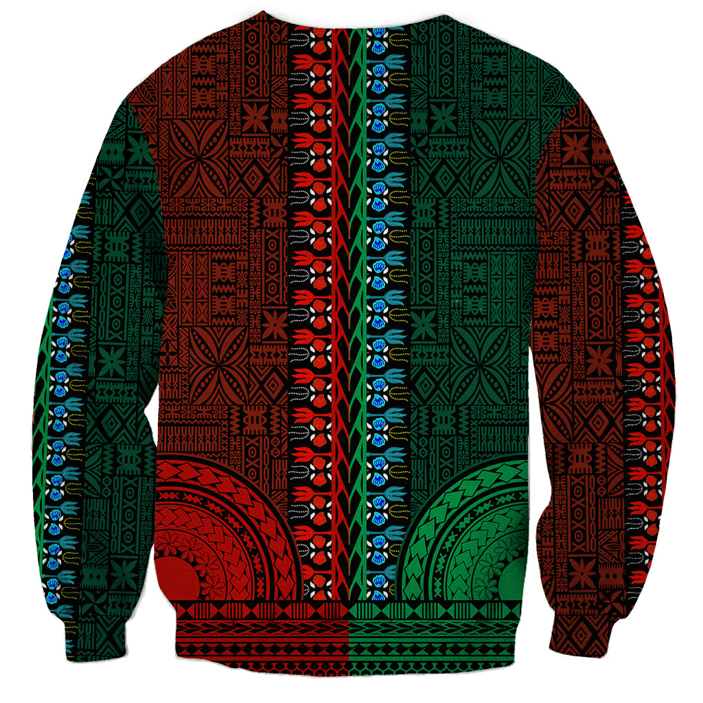 Unisex dashiki-pattern sweatshirt, back view, green and red with blue trim details
