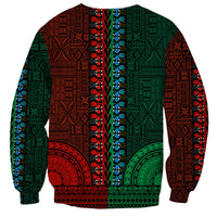 Unisex dashiki-pattern sweatshirt, back view, green and red with blue trim details