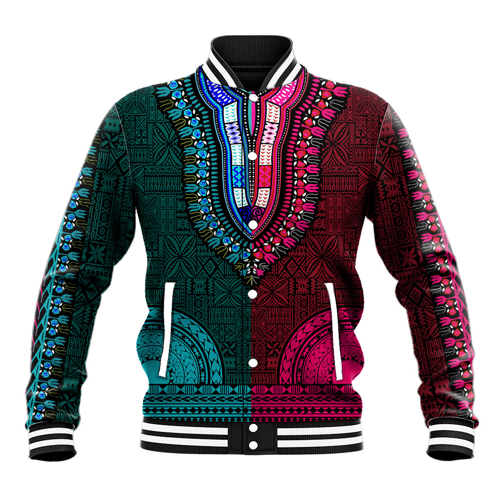 Unisex dashiki baseball jacket with teal and pink patterned front, striped collar and cuffs
