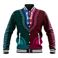 Unisex dashiki baseball jacket with teal and pink patterned front, striped collar and cuffs