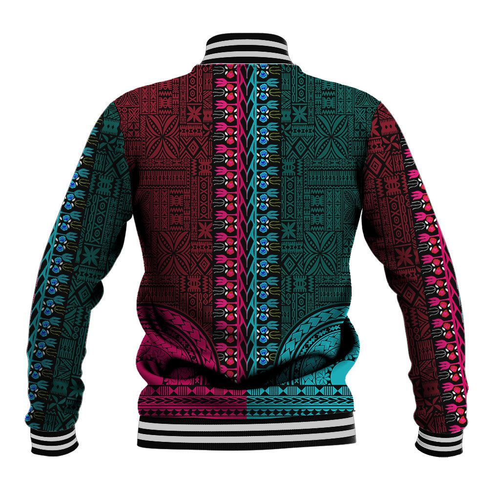 Unisex dashiki baseball jacket back with teal and pink pattern, striped ribbed hem and collar