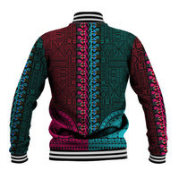 Unisex dashiki baseball jacket back with teal and pink pattern, striped ribbed hem and collar
