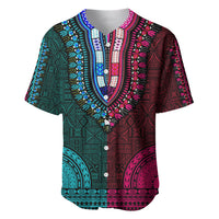 Dashiki-style baseball jersey with teal and pink tribal pattern, V-neck, short sleeves