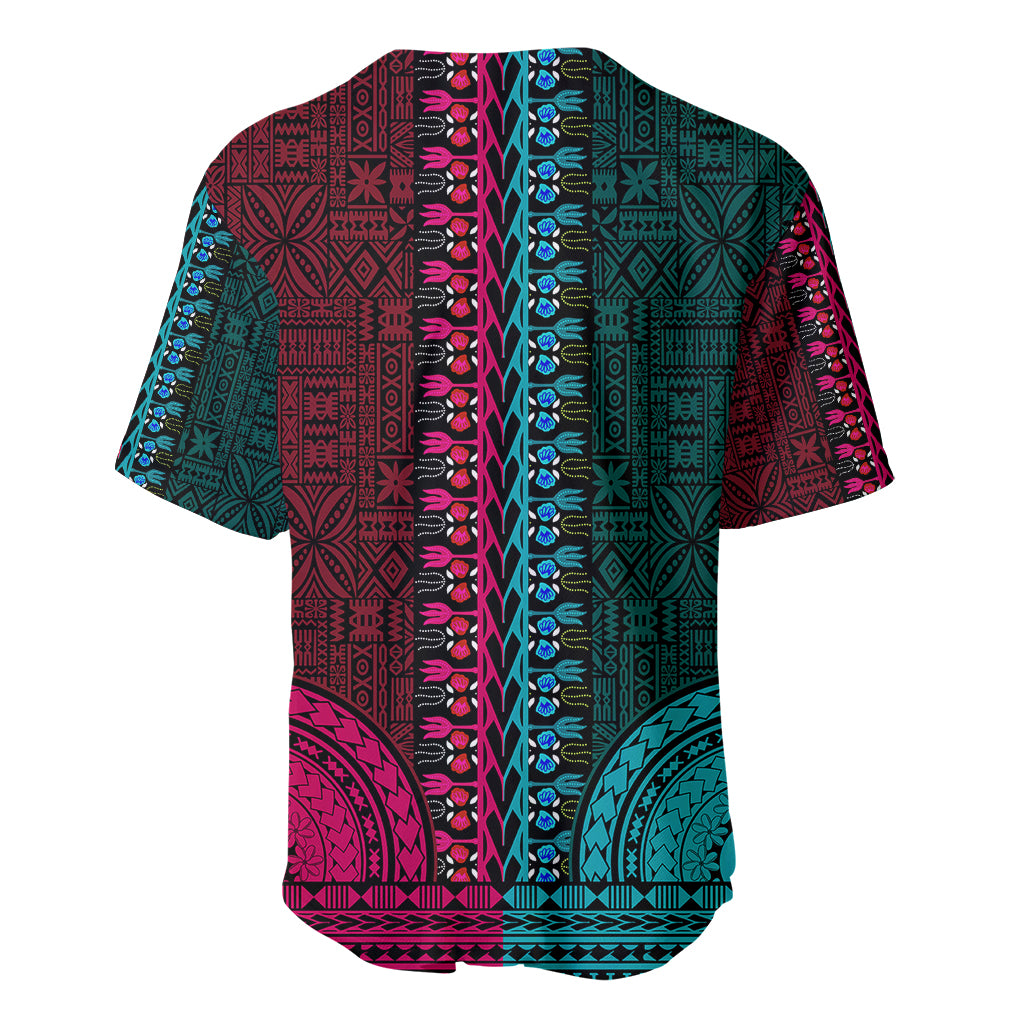 Back of dashiki-style baseball jersey in teal and pink tribal pattern, V-neck, short sleeves