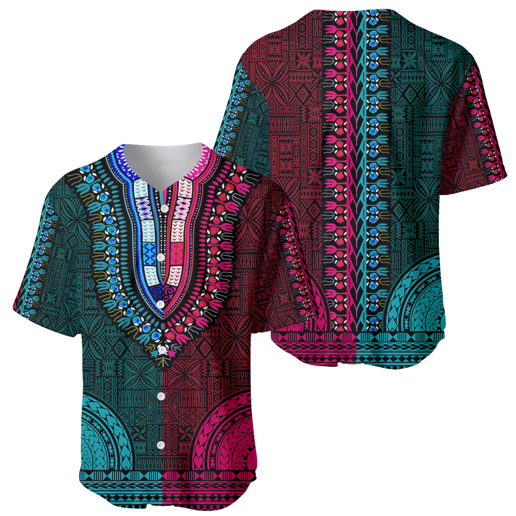 Dashiki-style baseball jersey with bold teal-and-pink print, button placket, V-neck