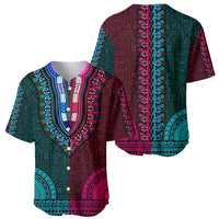 Dashiki-style baseball jersey with bold teal-and-pink print, button placket, V-neck