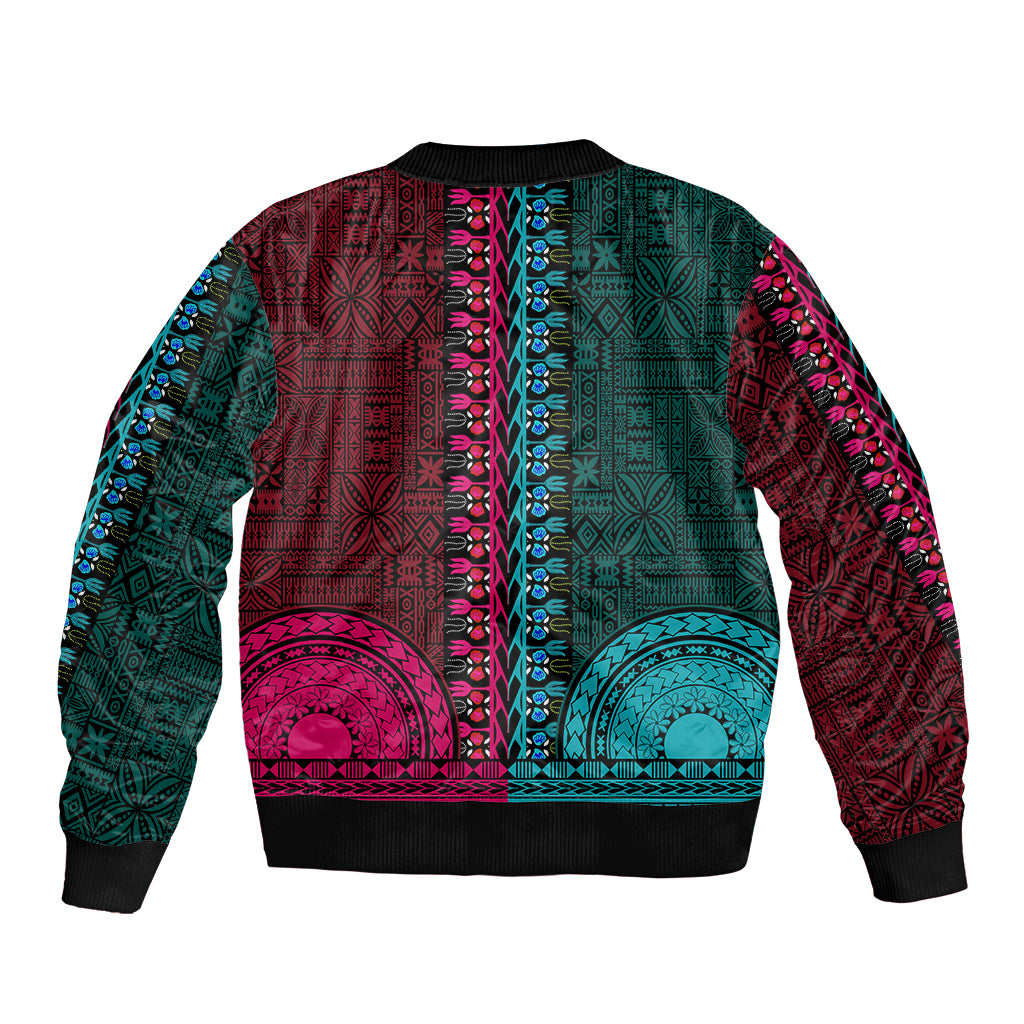 Multicolor bomber jacket, teal and pink tapa pattern, black ribbed collar and hem, back view