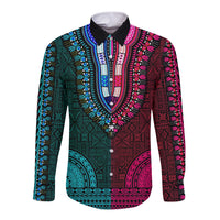Unisex long-sleeve dashiki button shirt with teal, pink, and geometric tapa-style pattern