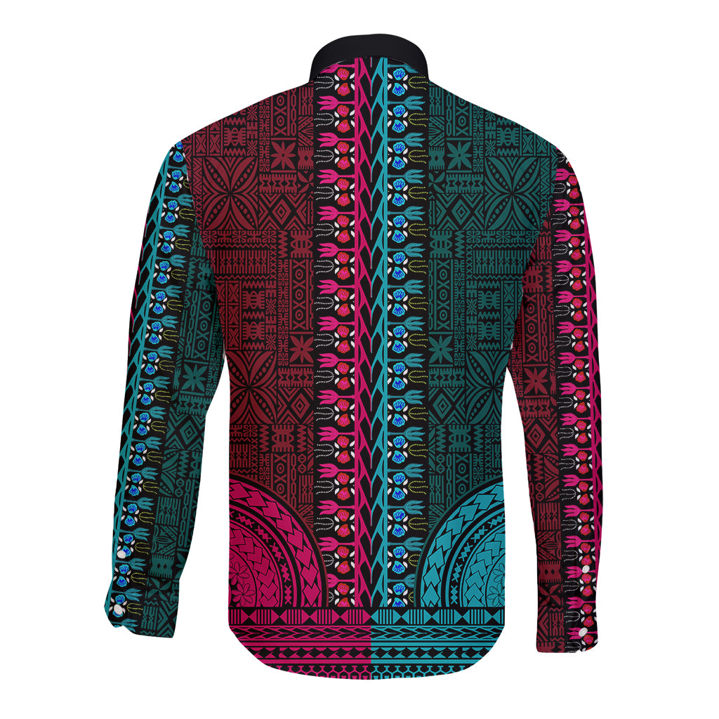 Unisex long-sleeve dashiki button shirt, teal and pink geometric back pattern