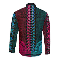 Unisex long-sleeve dashiki button shirt, teal and pink geometric back pattern