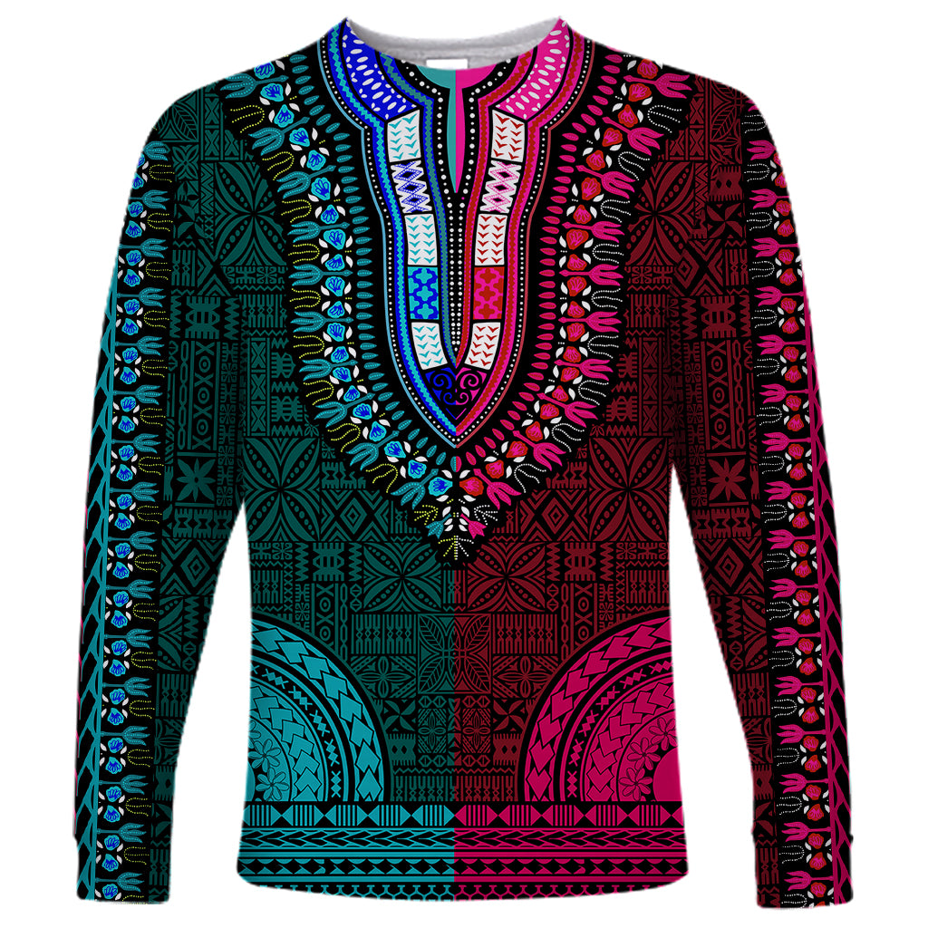 Dashiki long-sleeve shirt, teal and pink geometric V-neck pattern