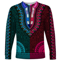 Dashiki long-sleeve shirt, teal and pink geometric V-neck pattern