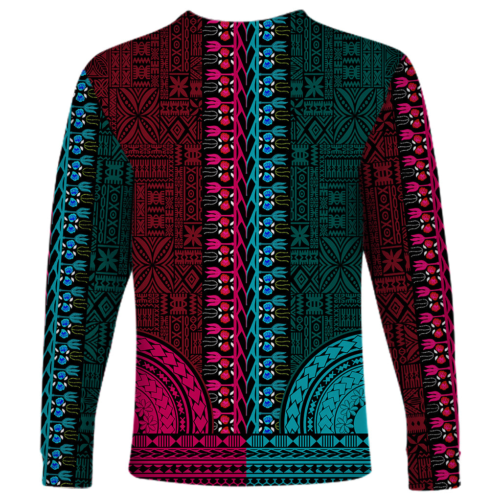 Dashiki long-sleeve shirt with teal and pink vertical stripe geometric back pattern