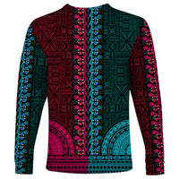 Dashiki long-sleeve shirt with teal and pink vertical stripe geometric back pattern