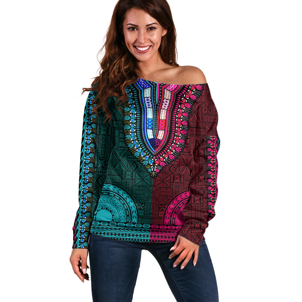 african-dashiki-off-shoulder-sweater-with-tapa-pattern-half-teal-and-pink