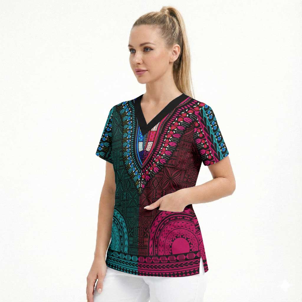 Teal-pink Dashiki and Tapa Pattern Scrub Top Africa-Polynesia Together Culture