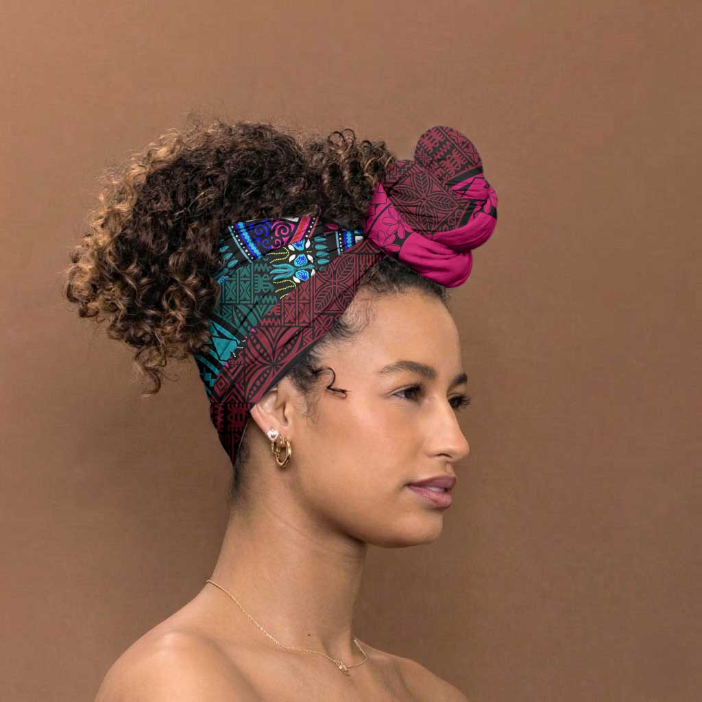 Teal-pink Dashiki and Tapa Pattern Simple Headwrap Africa and Polynesia Together Culture