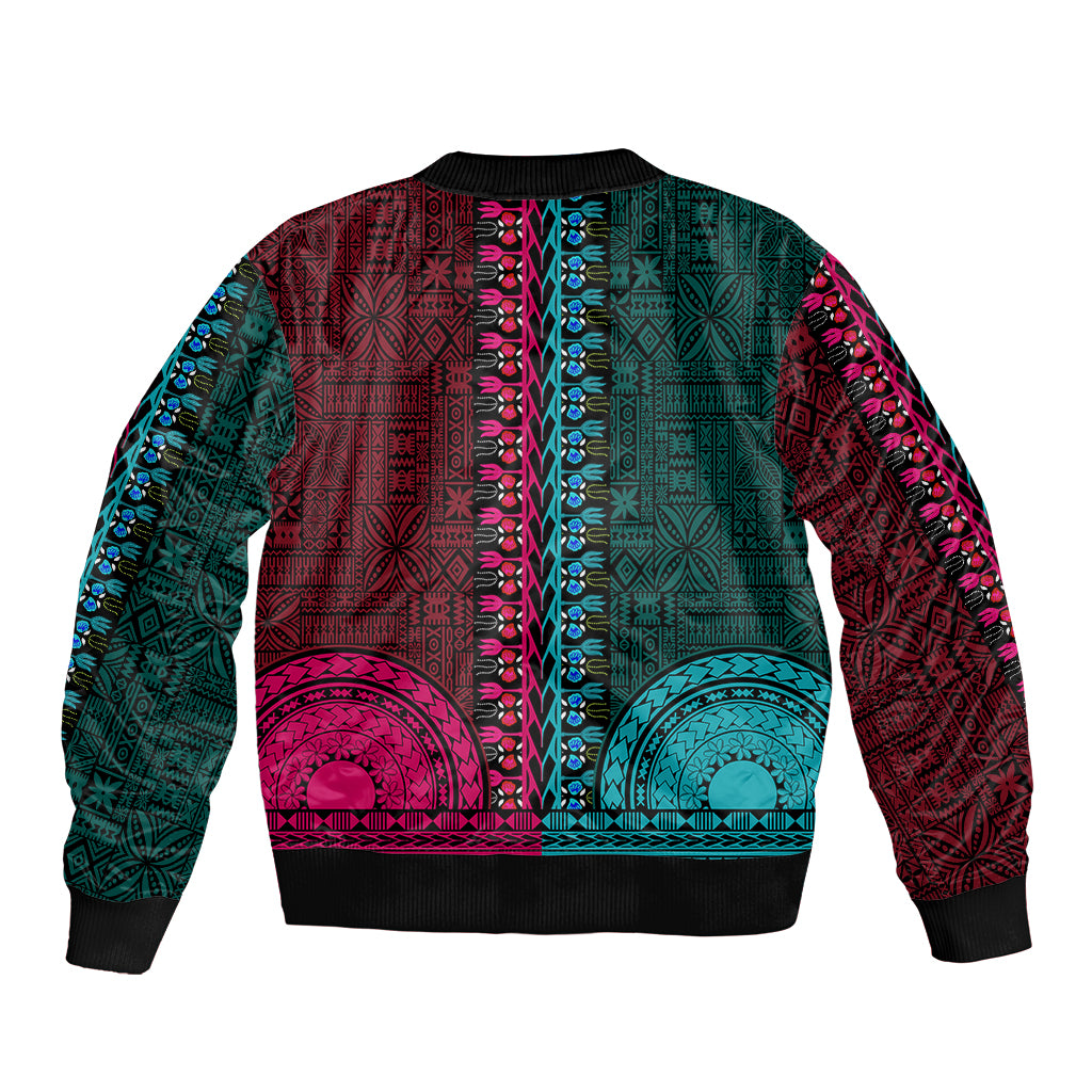 Unisex bomber jacket back with teal and pink geometric tapestry pattern, ribbed cuffs