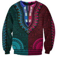 Teal and pink dashiki tapa sweatshirt with crew neck, long sleeves, bold geometric pattern.