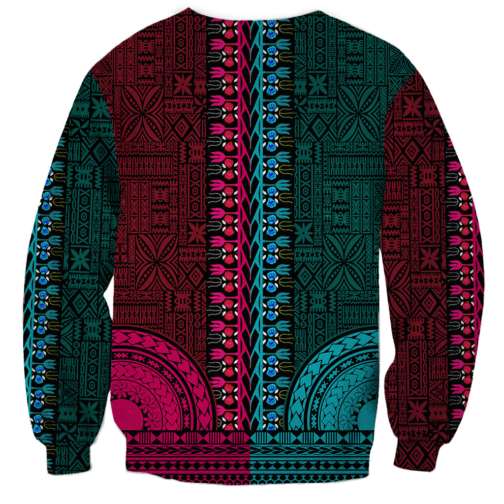 Back view dashiki tapa sweatshirt in teal and magenta with geometric blocks and central trim.