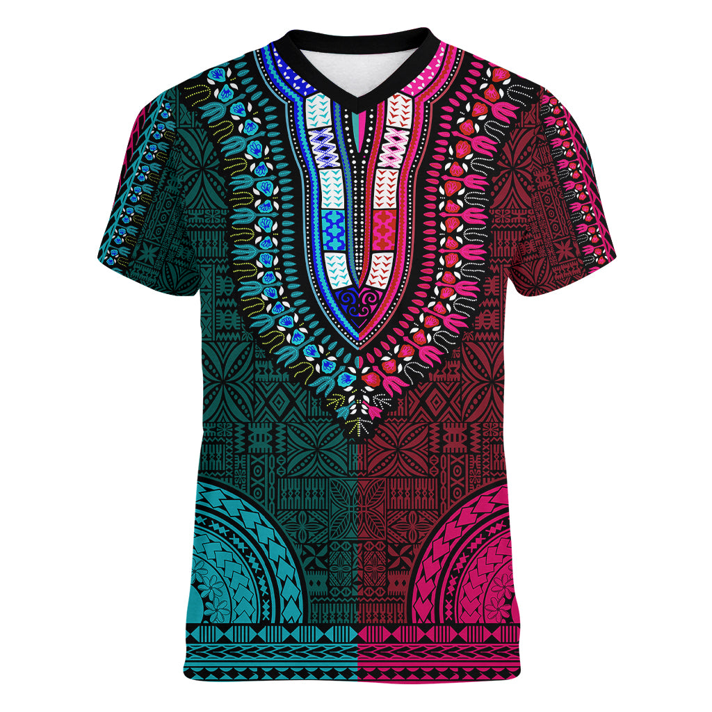 african-dashiki-women-v-neck-t-shirt-with-tapa-pattern-half-teal-and-pink