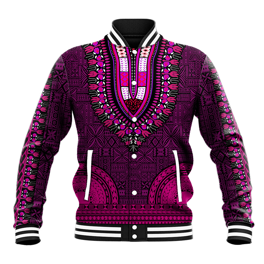 Men's unisex baseball jacket with patterned dashiki front, pink and magenta trim