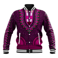 Men's unisex baseball jacket with patterned dashiki front, pink and magenta trim