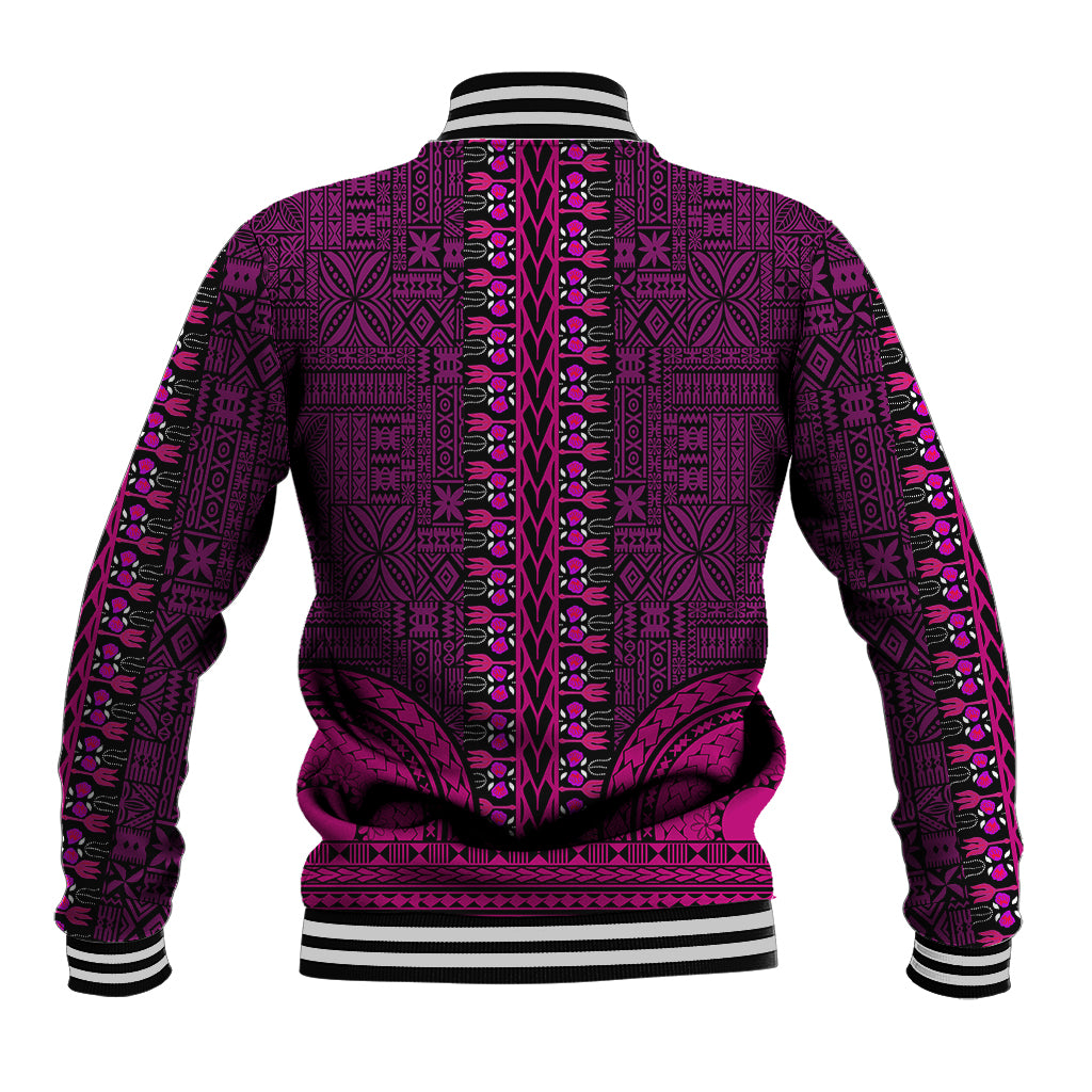 Unisex baseball jacket back with ornate dashiki pattern, pink/magenta center buttons