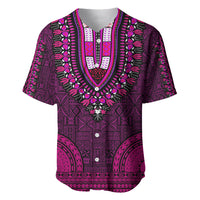 Short-sleeve baseball jersey with dashiki tapa pattern in pink and dark purple