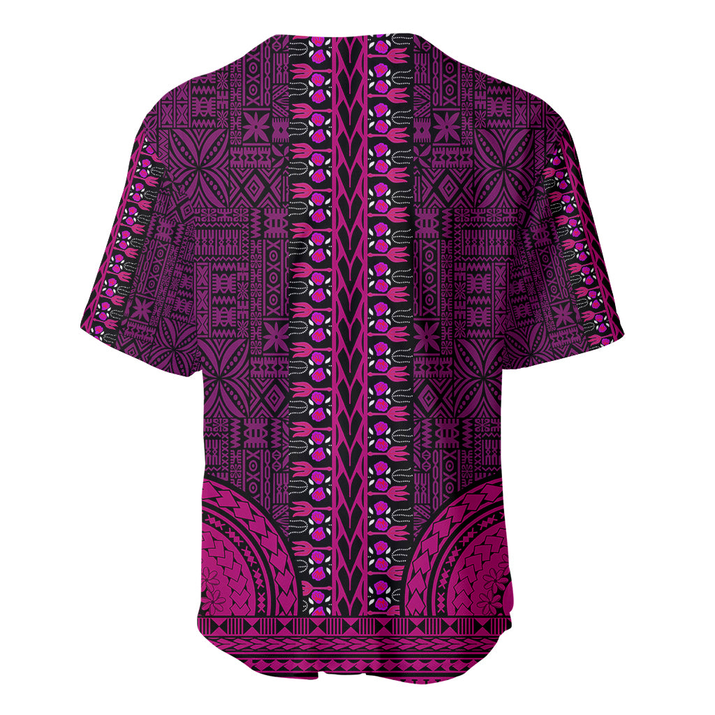 Back view short-sleeve baseball jersey with tapa dashiki pattern in dark purple and pink