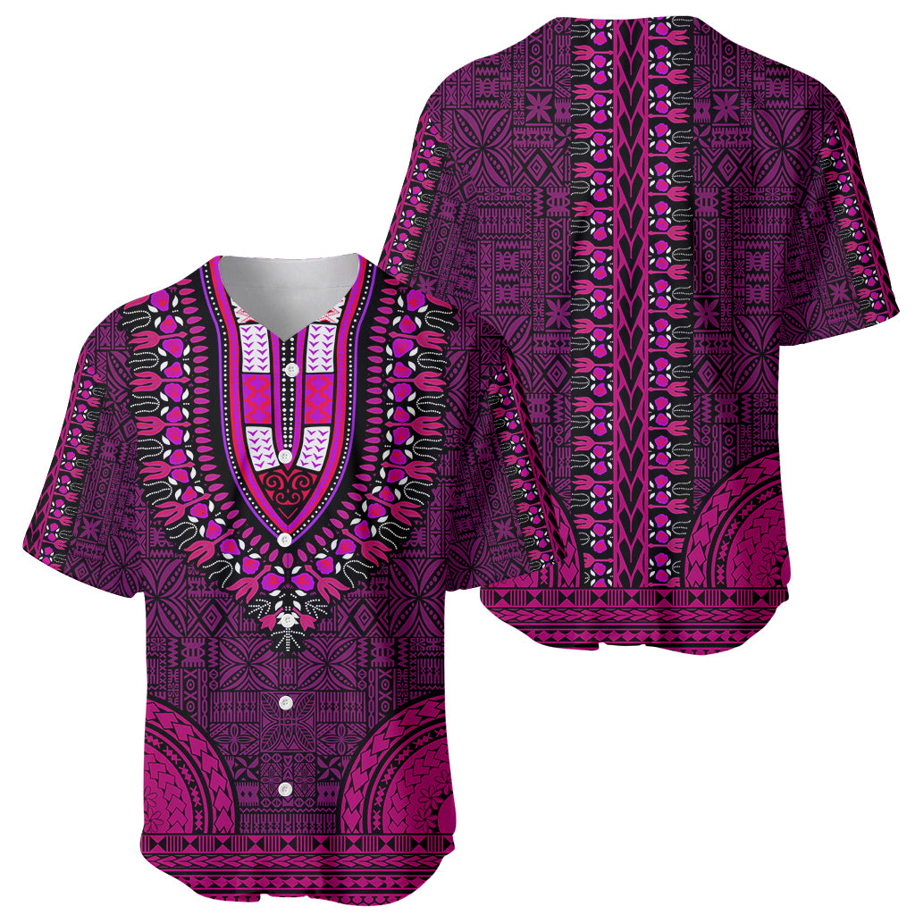 Short-sleeve baseball jersey with V-neck dashiki tapa pattern, pink accents on dark purple