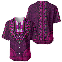 Short-sleeve baseball jersey with V-neck dashiki tapa pattern, pink accents on dark purple