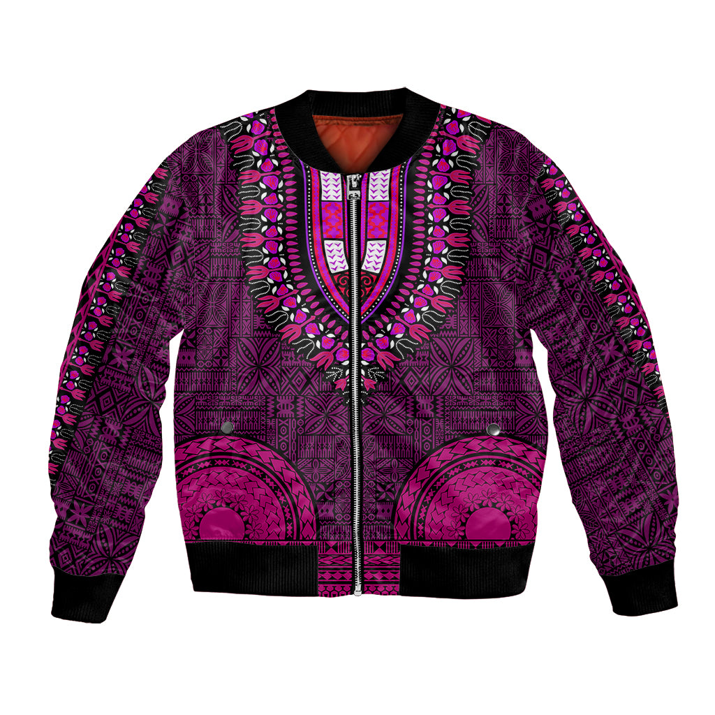 Pink bomber jacket with ornate African tapa/dashiki pattern, front zip, ribbed cuffs.