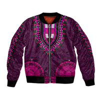 Pink bomber jacket with ornate African tapa/dashiki pattern, front zip, ribbed cuffs.