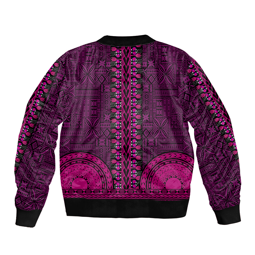 Pink bomber jacket with ornate African tapa/dashiki pattern, back view, ribbed hem and cuffs.
